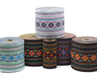 May include: Six spools of black fabric ribbon with colorful geometric patterns. The ribbon is rolled up and the patterns are visible on the outside of the spools.
