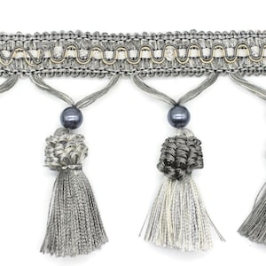 115 mm Grey Tassel Fringe Trim, 4.52 inches Gimp Header, lampshade trim by the yard, Fringe for Drapery, Tassel trim, Curtain Trim Rosa07 V6