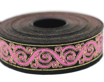 Bordure en ruban jacquard escargot celtique rose et noir, 22 mm (0,86 po.), bordure tissée, tissu d'ameublement, bordure en ruban pour tenture, conception de costumes 22221