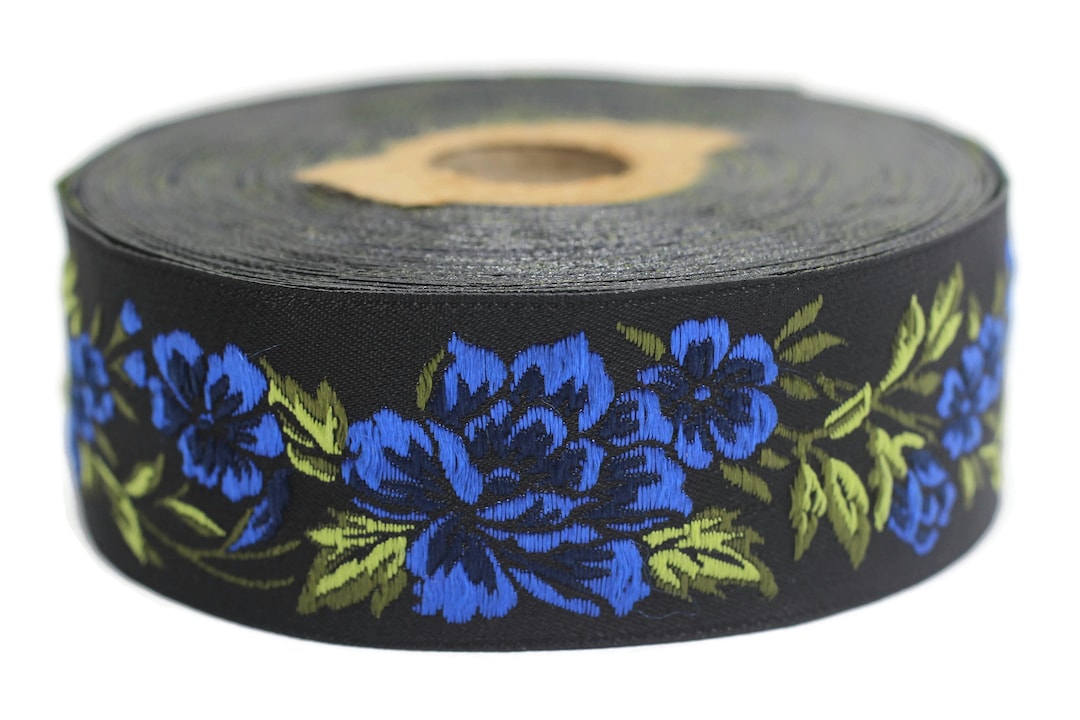 35 Mm Blue / Black Floral Jacquard Trim (1.37 Inches