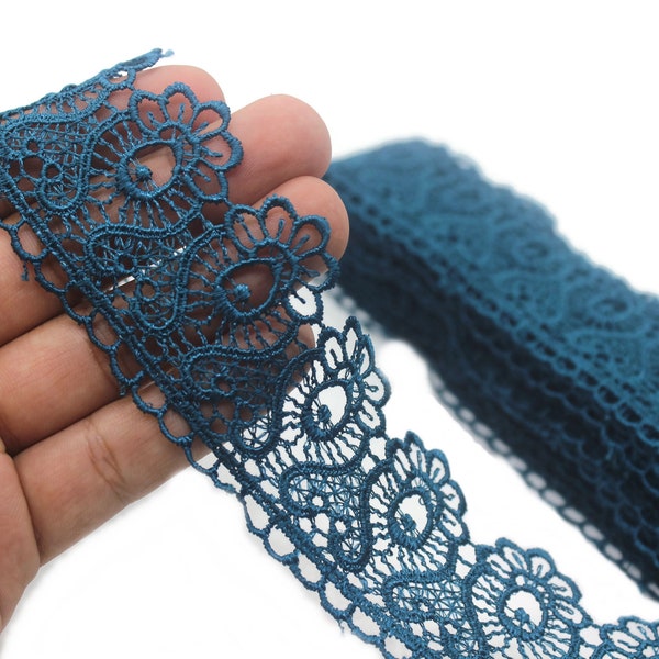 40 mm 8 Meters Blue Guipure Lace Trim | 1.57 Inches Wide | Floral Lace Trim | Bridal Lace | Blue Lace | Guipure Lace TRM40