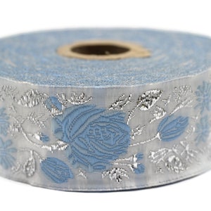 35 mm Blue / White Floral Jacquard trim (1.37 inches), vintage Ribbon, Decorative Craft Ribbon, Floral Jacquard Ribbon Trim, 35089
