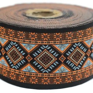 50 mm Webband mit Geometrischem Motiv Blau & Orange, Vintage Jacquard Webband, Großes Zierband, Paspelband, Gardinen machend, 50996