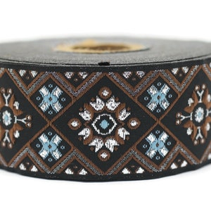 Nastro geometrico blu/marrone da 35 mm (1,37 pollici), rifinitura geometrica, rifinitura jacquard, rifinitura artigianale, rifinitura vintage, nastro broccato, 35975
