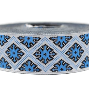 25 mm blau weißes Schneeflocken-Band, Jacquard-Band, Schneeflocken-Borte, Vintage-Borte, Hundehalsband, Hundehalsband, 25985
