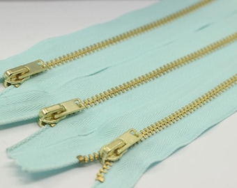 5 Pcs Light Blue Metal zippers with gold brass teeth, 18-100cm (7-40inches zipper, Jean Zipper, dress zipper, Jacket zipper, Teeth zip, MTZF