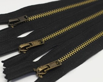 20 Pcs Black Metal zippers with gold brass teeth, 4 inches zipper, Jean Zipper, dress zipper, lightweight zipper, zipper pouch, MTZF