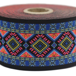 50 mm Webband mit geometrischem Motiv in Blau, Vintage Jacquard, Webband, Großes Zierband, Besatz, 50996