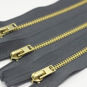 5 cremalleras de metal gris con dientes de latón dorado, cremallera de 18-100 cm (7-40 pulgadas), cremallera para jeans, cremallera para vestidos, cremallera liviana, cremallera con dientes, MTZF
