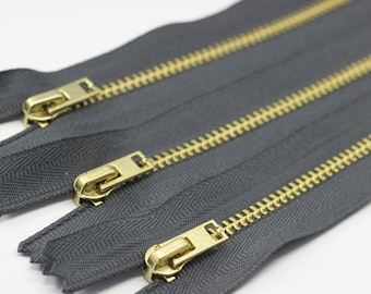 5 Pcs Gray Metal zippers with Gold brass teeth, 18-100cm (7-40inches) zipper, Jean Zipper, dress zipper, lightweight zipper, Teeth zip, MTZF