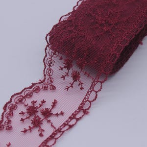 60 mm Claret red Organza Lace trim, embroidered lace, 2.35 inches lace trim, Headband Garter, Floral Tulle Lace Trim, for gaments, TRM60