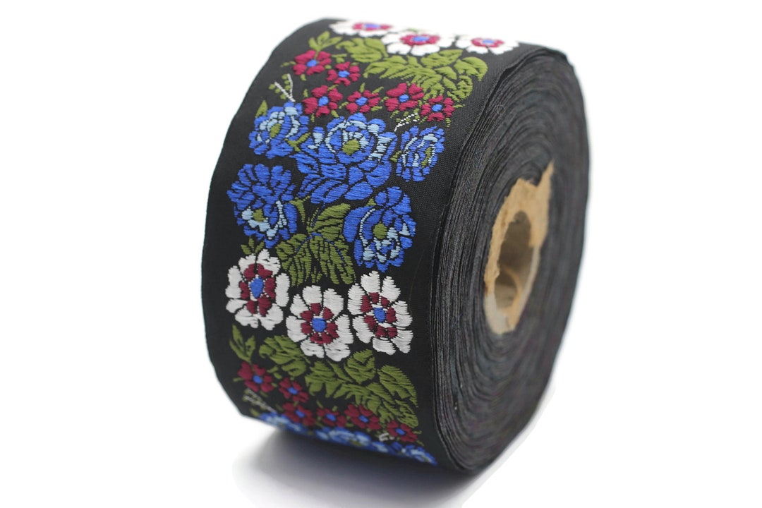 50 Mm Blue Floral Embroidered Ribbon (1.96 Inches, Vintage Jacquard ...