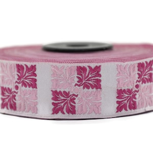 25 mm Fuschia & Poudre Square Ribbons (0.98 inches), Geometric trim, jacquard trims, craft supplies, vintage trim, jacquard ribbons, 25705