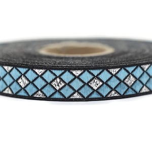 12 mm Blue Triangle Motive Jacquard border (0.47 inches), jacquard ribbon, silvery ribbon, french ribbon, Jacquard trim, 12251