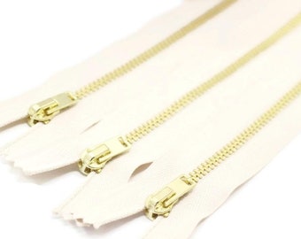 5 Pcs Cream Metal zippers with Gold brass teeth, 18-100cm (7-40inches) zipper, Jean Zipper, dress zipper, lightweight zipper, MTZF