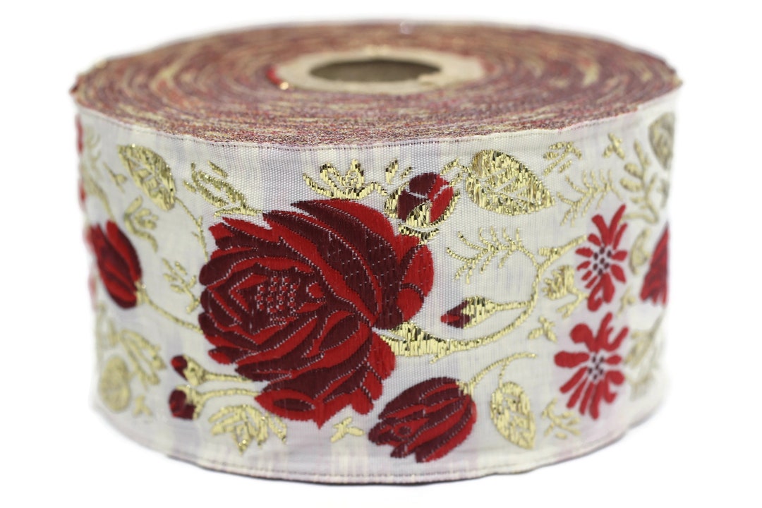 Nastro jacquard floreale rosa/bianco da 50 mm (1,96 pollici), nastro ricamato con rose, nastro decorativo artigianale, nastro jacquard, 50089 - Italia