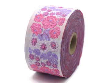 50 mm Pink Floral Embroidered ribbon (1.96 inches, Vintage Jacquard, Floral ribbon, Sewing trim, Jacquard trim, Jacquard ribbon, 50097