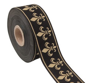 35 mm Black and Gold Fleur de lis 1.37 (inch) | Medieval Trim | Heraldic Heritage Decorative Jacquard Ribbon | Heraldry Trims | CNK36