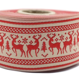 40 mm Red Christmas jacquard ribbons 1.57 inch, Deer embroidered trim, New Year trim, Christmas jacquard trim, Christmas trim by the yard