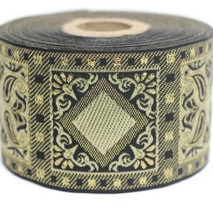 50 mm Yellow Geometric Jacquard trim (1.96 inches), vintage Ribbon, Decorative Craft Ribbon, Sewing, Jacquard ribbon, Trim, 50587