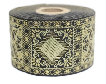 50 mm Garniture jacquard géométrique jaune (1,96 pouces), ruban vintage, ruban d’artisanat décoratif, couture, ruban jacquard, garniture, 50587