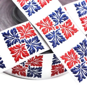 25 mm Red & Blue Square Ribbons (0.98 inches), Geometric trim, jacquard trims, craft supplies, vintage trim, jacquard ribbons, 25705