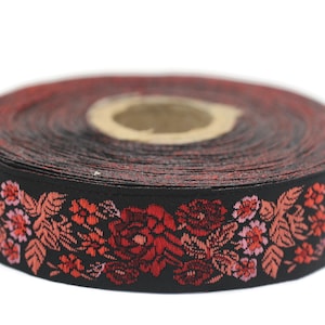 22 mm Red Black Floral Embroidered ribbon (0.86 inches), Vintage Jacquard, Floral ribbon, Sewing trim, Jacquard trim, Jacquard ribbon, 22097