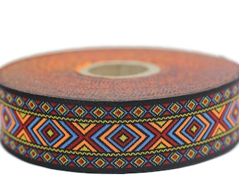25 mm Orange and Blue Hippie Motif Ribbon (0.98 inches), Woven Trim, Ethnic Ornament Ribbon, Boho Style Trim, 25995
