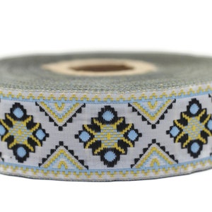 25 mm Yellow White Geometric Jacquard ribbon (0.98 inches), Decorative Craft Ribbon, Sewing trim, jacquard ribbon, embroidered ribbon, 25943