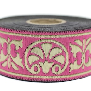 35mm Palm Trees Pink and Gold Jacquard Ribbon 1.37 inch | Embroidered Bordure Fabric Tapestry for Embellishment Craft Home Decor 35058