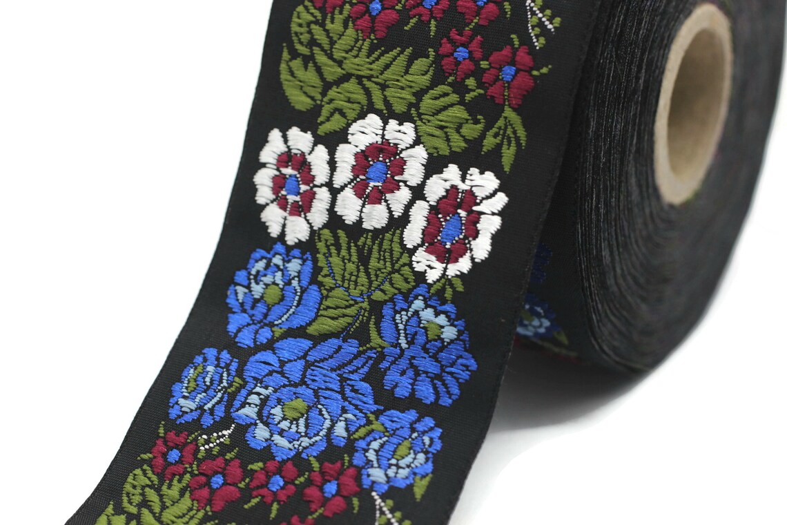 50 Mm Blue Floral Embroidered Ribbon 1.96 Inches Vintage - Etsy