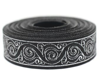 Bordure en ruban jacquard escargot celtique argenté et noir, 22 mm (0,86 po.), bordure tissée, tissu d'ameublement, bordure en ruban pour tenture, conception de costumes 22221