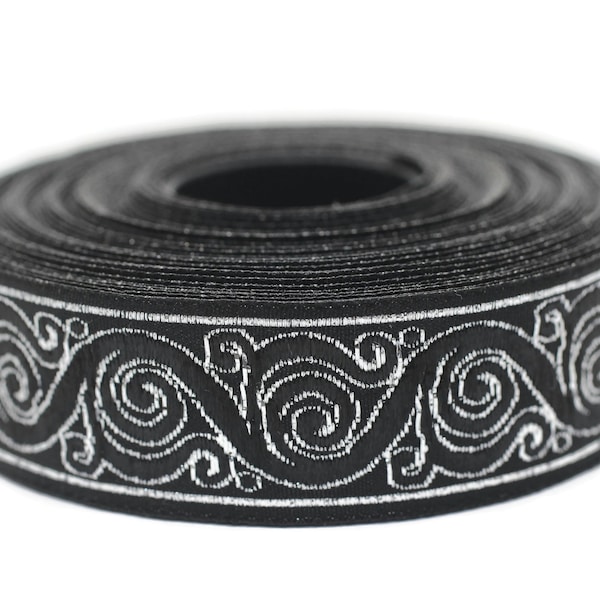 22 mm Silver&Black Celtic Snail Jacquard Ribbon Trim (0.86 inches),Woven Border, Upholstery Fabric, Drapery Ribbon Trim Costume Design 22221