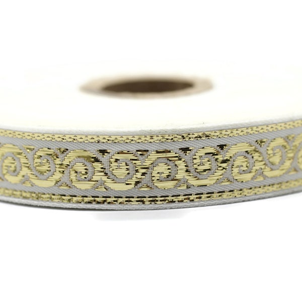 15 mm White&Gold Snail Embroidered Jacquard ribbons (0.59 inches), Jacquard trim, Sewing, Jacquard ribbon, trimming, collars supply 15004