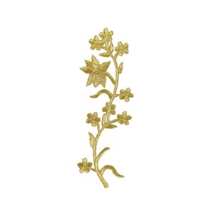 May include: A gold embroidered floral motif with a large flower and smaller flowers along a stem.