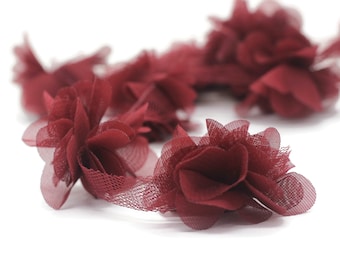 Flor de chiffon bordô de 50 mm, flor fofa para acessórios de cabelo, acabamento de rosa, tiaras de flor de chiffon estilo shabby chic, acabamento de chiffon, costura, artificial