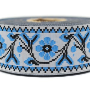 35 mm Blue/White  Flower Ribbon  (1.37 inches), Flower trim,  jacquard trim, fabric wide trims, craft supplies, vintage trim, 35988