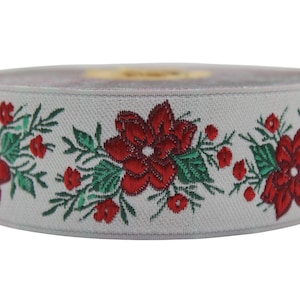 35 mm Red White Floral jacquard ribbon (1.37 inches),  Vintage ribbon, floral ribbon, dog collar supplies, ribbon trim, rose ribbon 35330