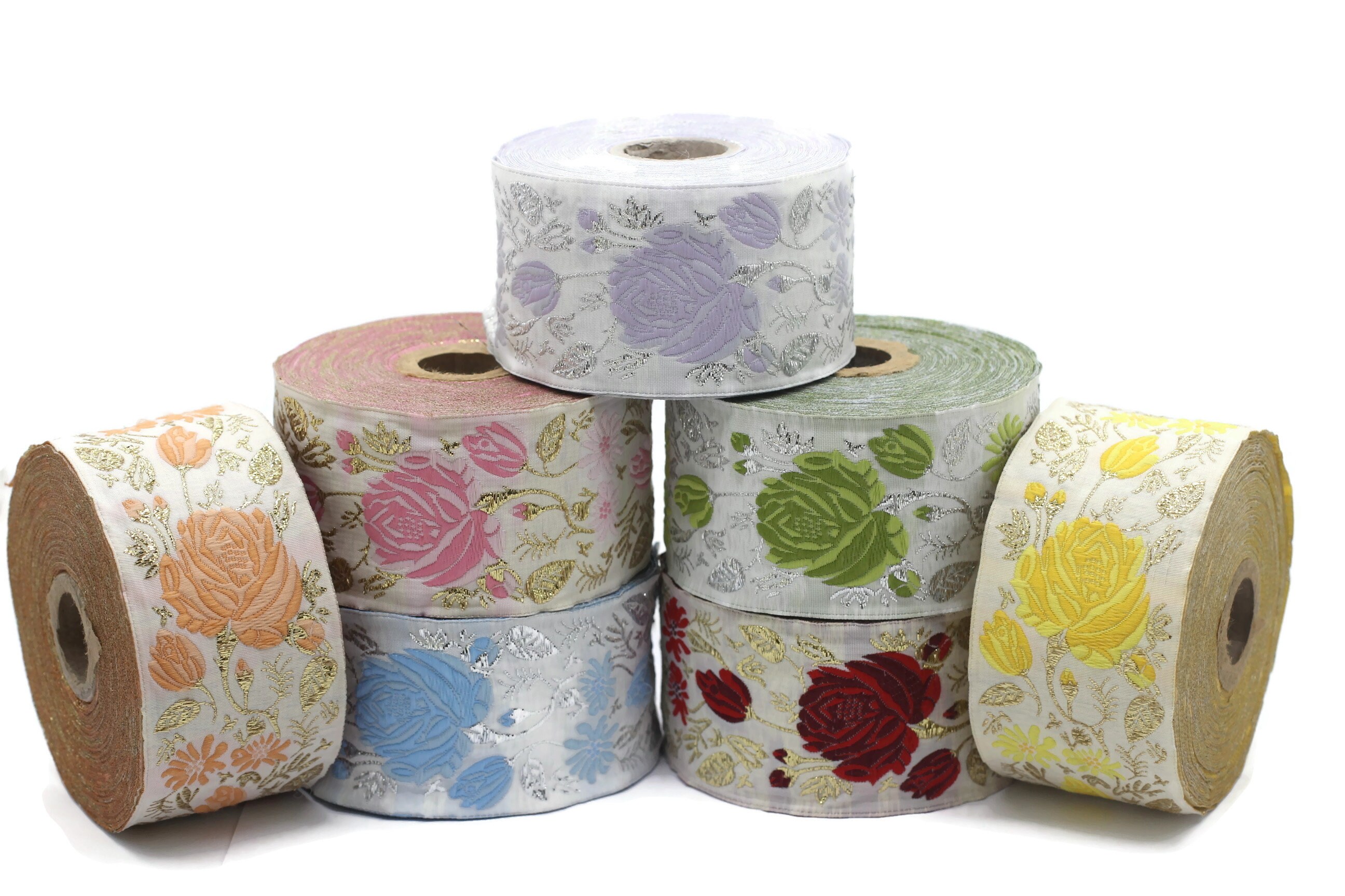 Nastro Jacquard Floreale 5 Cm X 11 Metri - Rosa E Bianco Con Ricamo Fiori Per Decorazioni E Crafting (Rif. 50089)