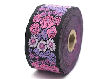 50mm Purple/Black Floral Embroidered ribbon, 1.96 inch,  Vintage Jacquard, Floral ribbon, Sewing trim, Jacquard trim, Jacquard ribbon, 50097