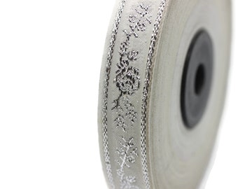 Nastri jacquard ricamati con rose bianche e argento da 15 mm (0,59 pollici), rifiniture jacquard, rifiniture per cucire, nastri geometrici, fornitura per colletti 15007 - Italia