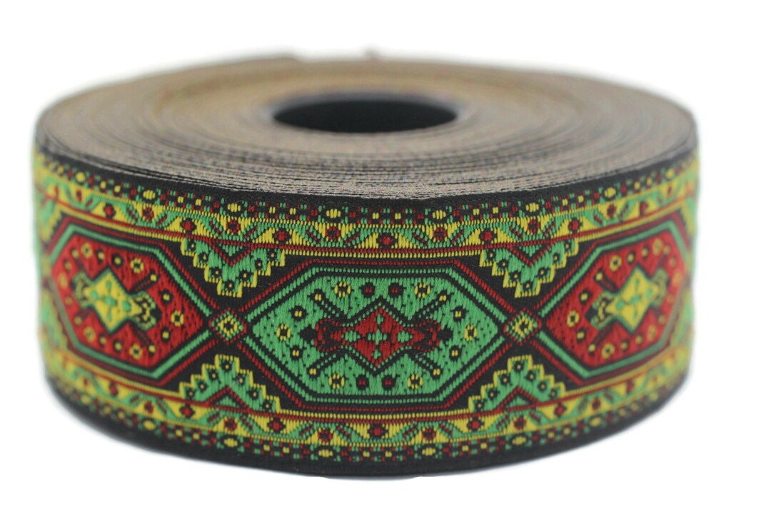 Bordure Ruban Jacquard Brodé : Bordure Couture Tissée Floral Vert (35 Mm) - France