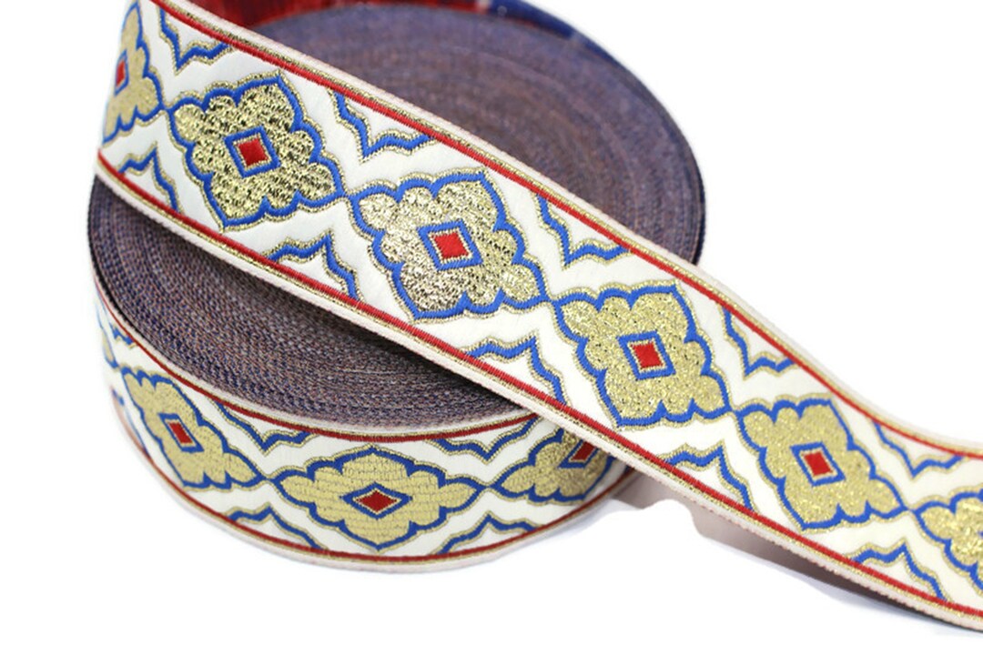 35 Mm Blue/white Embroidered Ribbon, Jacquard Ribbons 1.37 Inch