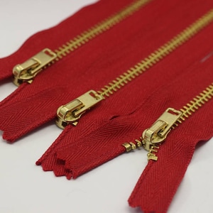 5 Pcs Red Metal zippers with gold brass teeth, 18-100cm (7-40inches zipper, Jean Zipper, dress zipper, Jacket zipper, teeth zipper, MTZF