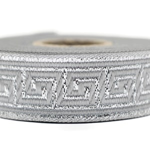 22 mm Silver Jacquard ribbons (0.86 inches), Greek key Jacquard trim, Sewing trim, geometric ribbon, dog collars, embroidered ribbon, 22062