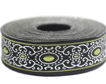 22 mm green authentic Jacquard ribbon (0.86 inches), woven ribbon, authentic ribbon, Sewing, Scroll Jacquard trim, 22805