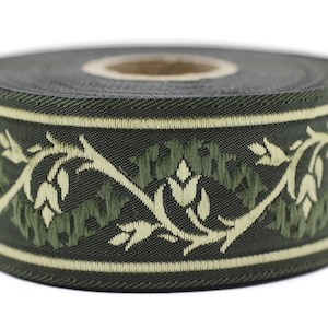Nastro jacquard intrecciato con tulipani Medici verde scuro e oro da 35 mm (1,37 pollici), per abiti e costumi rinascimentali, abbigliamento da fiera 35094