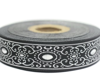 22 mm Grey/black authentic Jacquard ribbon (0.86 inches), woven ribbon, authentic ribbon, Sewing, Scroll Jacquard trim, 22805