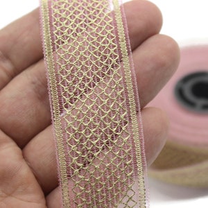1.18 inches Gold and Pink Royal Mithril Jacquard Ribbon Woven Trim Home Decor and Costume Trims MT30