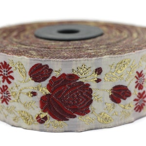 35 mm Red / White Floral Jacquard trim (1.37 inches) Rose emboried Ribbon, Decorative Craft Ribbon, Jacquard Ribbon Trim, 35089